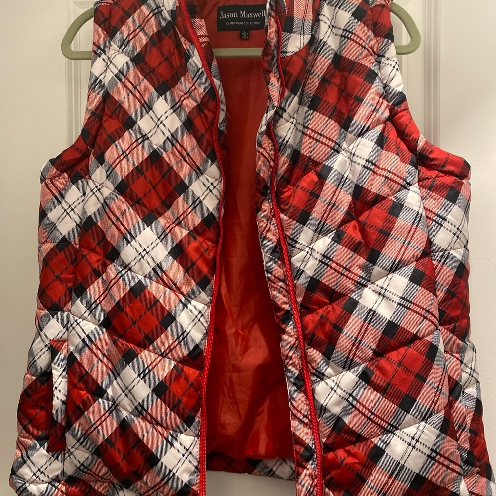 Jason Maxwell red, black, white plaid vest Sz L